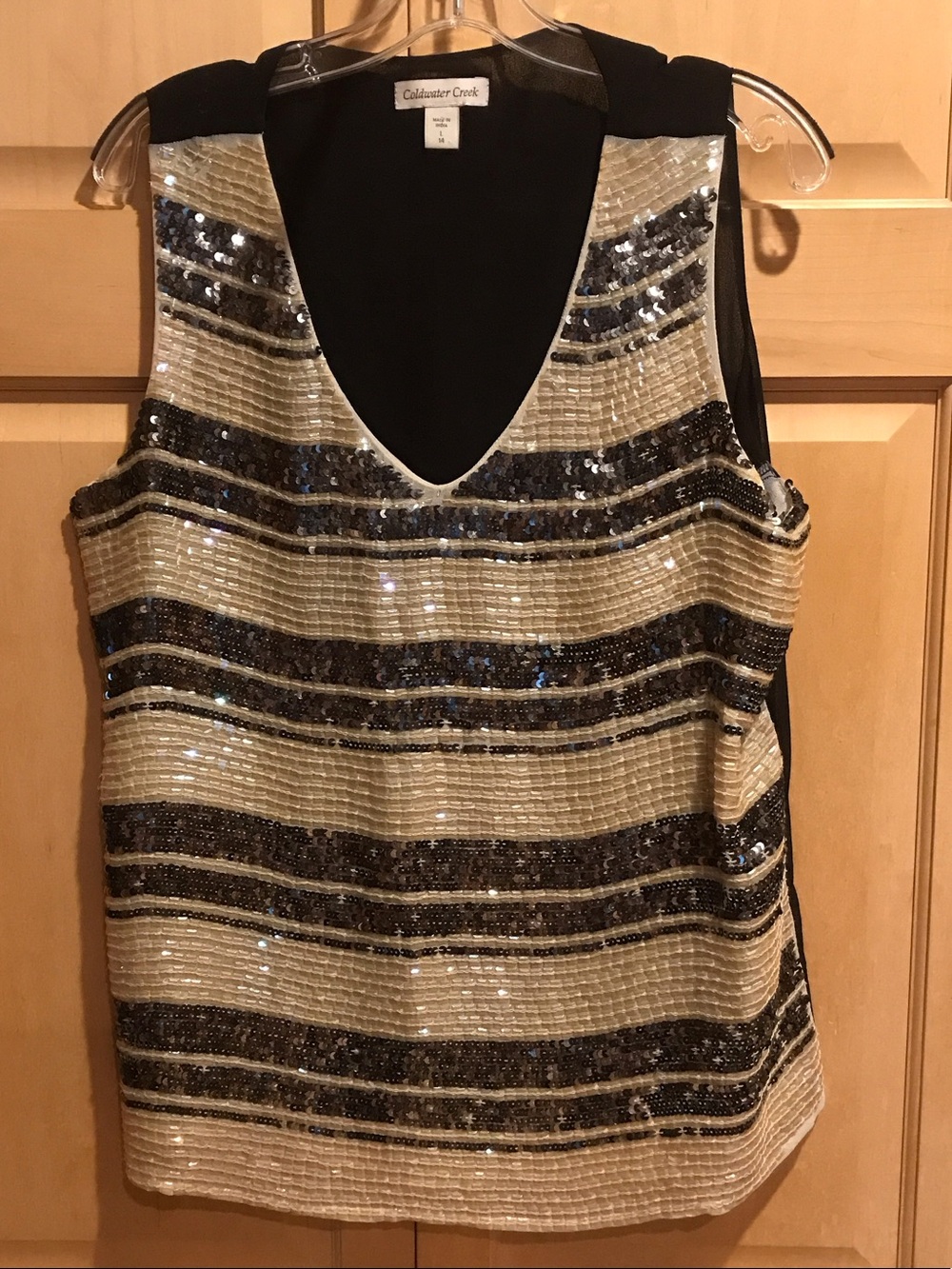 Coldwater Creek Black and Beige Sequin Striped V-Neck Tank